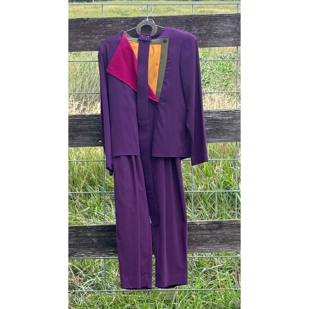 Vintage F/stop Purple Color Block Pant Set 80s 90s Shoulder Pads Small 2 Piece